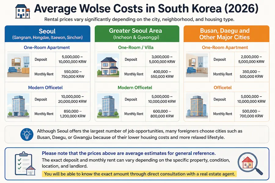 Average Wolse Costs in South Korea 2026 showing average deposits and monthly rent for Seoul, Greater Seoul Area, Busan, Daegu, and Gwangju