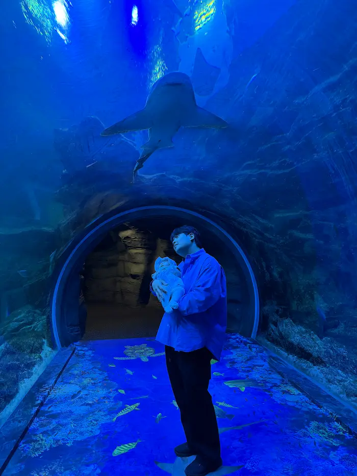 A father holding a baby inside the shark tunnel at Aqua Planet Ilsan aquarium