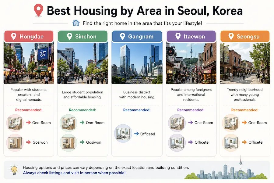 Best housing areas in Seoul for foreigners including Hongdae Sinchon Gangnam Itaewon and Seongsu with recommended housing types