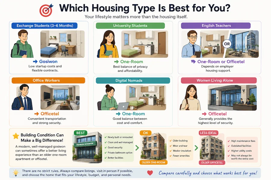 Best housing type in Korea for foreigners comparing one-room apartments, officetels, and gosiwons with building condition recommendations