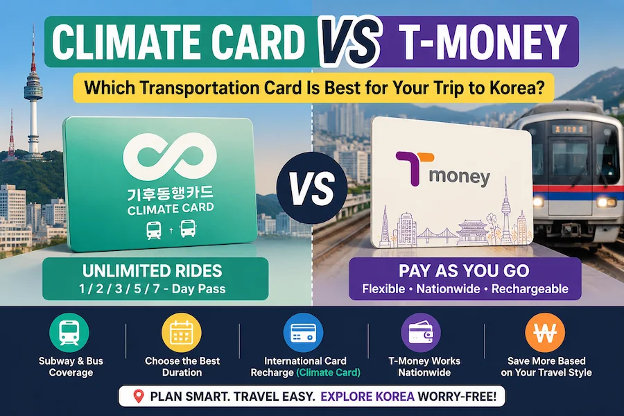 Climate Card vs T-Money transportation card comparison for foreign tourists visiting Seoul Korea