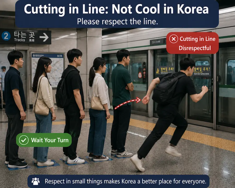 Cutting in line on a Korean subway platform and ignoring public transportation etiquette