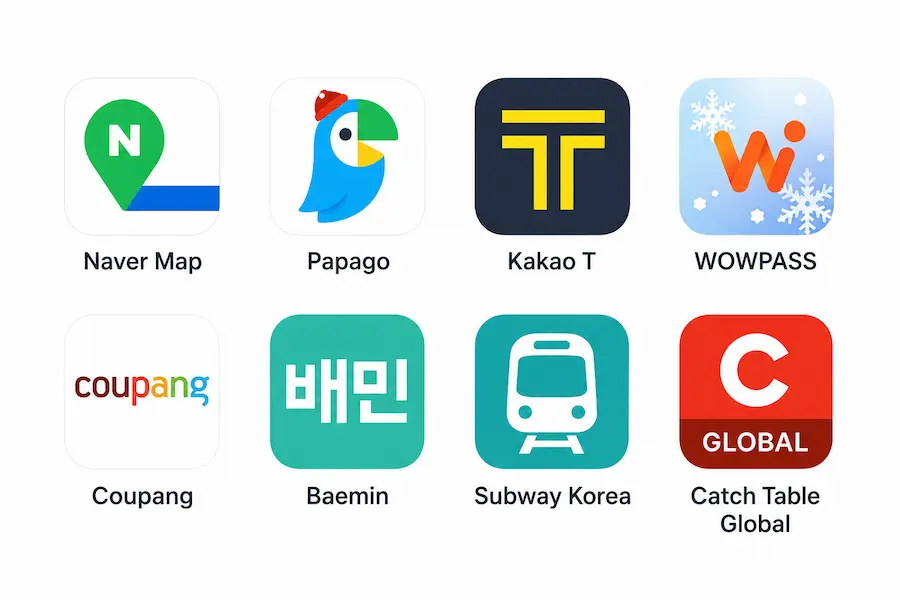 Essential apps for foreigners in Korea including Naver Map, Papago, Kakao T, WOWPASS, Coupang, Baemin, Subway Korea, and Catch Table Global
