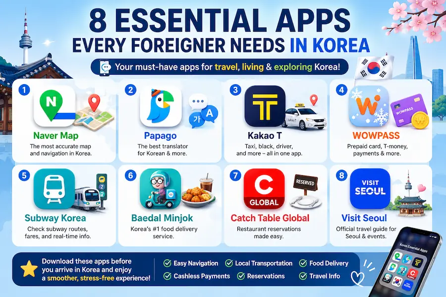 Essential apps for foreigners in Korea including Naver Map, Papago, Kakao T, WOWPASS, Baemin, Subway Korea, Catch Table Global, and Visit Seoul
