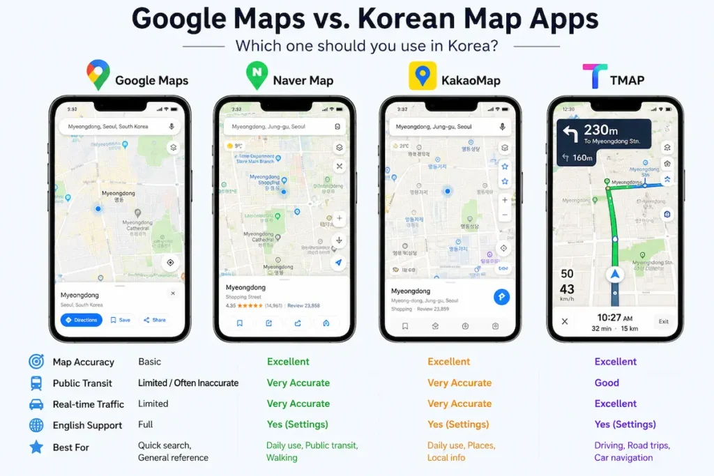 Comparison chart of Google Maps, Naver Map, KakaoMap, and TMAP for navigation in South Korea