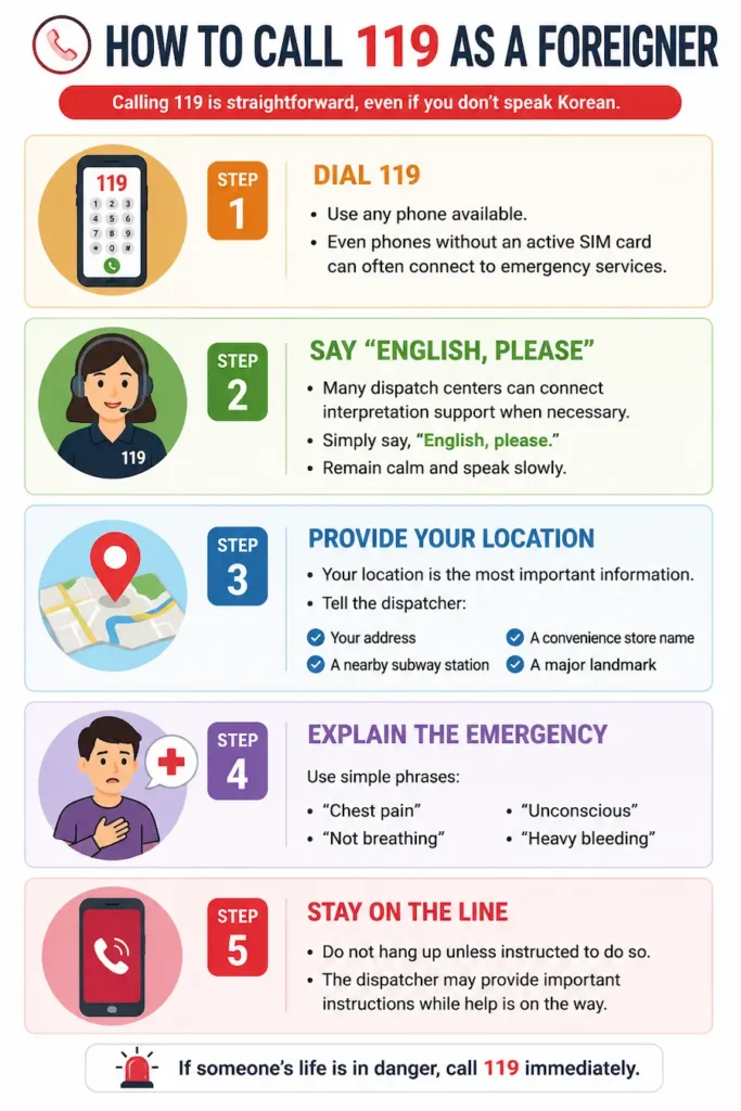 Step-by-step guide showing how foreigners can call 119 emergency services in South Korea