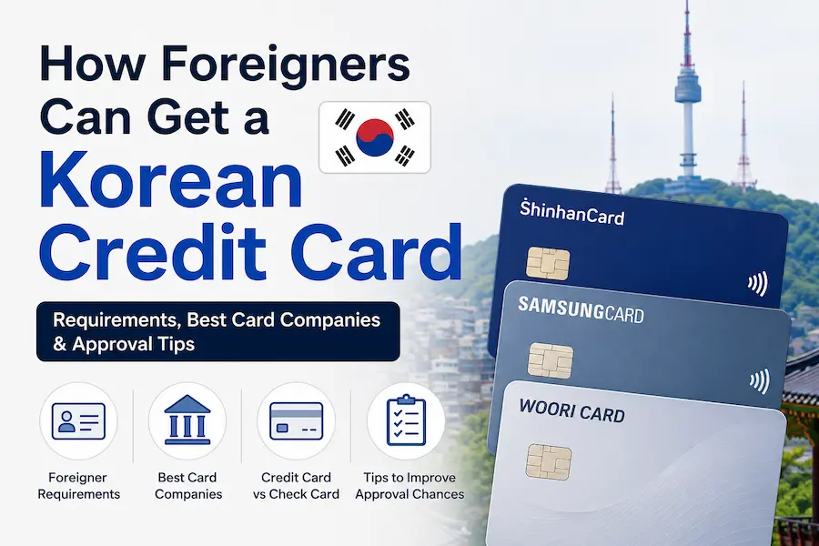 Foreigner holding Korean credit cards with approval requirements and banking guide in South Korea