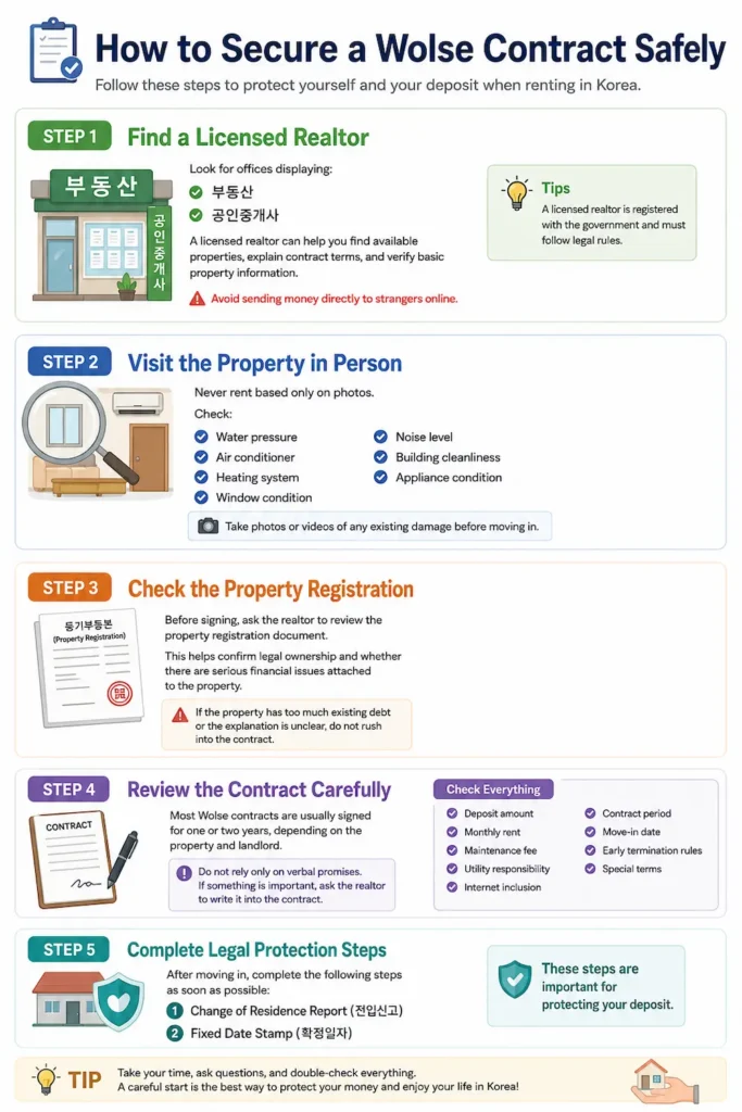 Step-by-step guide explaining how foreigners can safely sign a Wolse rental contract in Korea, including realtor checks, property inspections, contract review, and deposit protection.