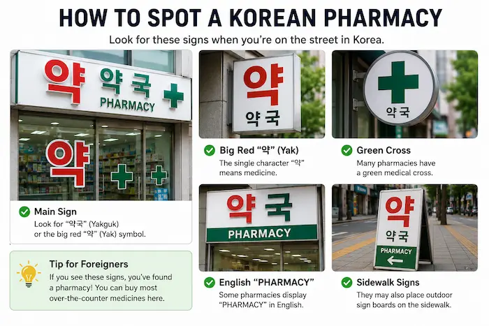 How to identify a Korean pharmacy sign with Yakguk symbol and green cross