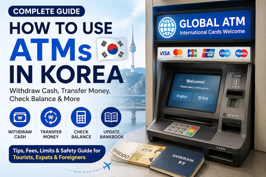 Complete guide showing how to use an ATM in Korea, including cash withdrawals, money transfers, balance inquiries, bankbook updates, and Global ATM support for foreigners.