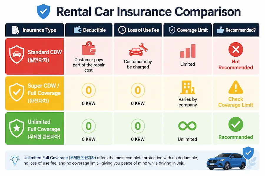 Jeju rental car insurance comparison showing Standard CDW, Full Coverage, and Unlimited Full Coverage options