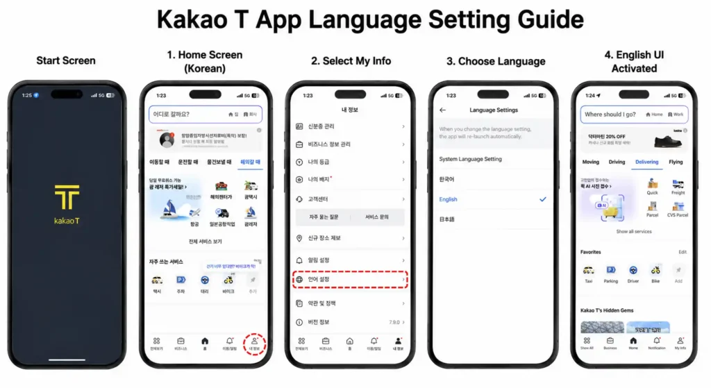 Kakao T app language setting guide showing how to change the app from Korean to English step by step