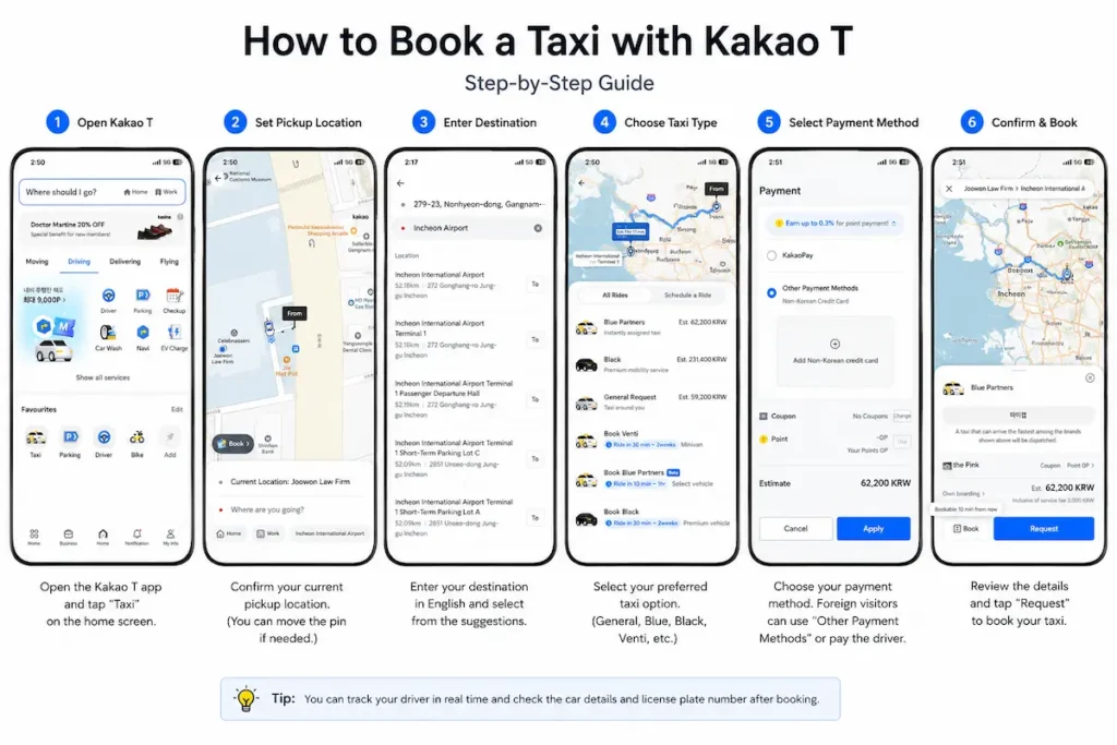 Step-by-step guide showing how to book a taxi with Kakao T in Korea for foreign visitors