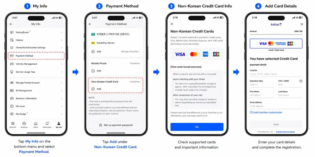 Step-by-step guide showing how to add a non-Korean credit card in the Kakao T app