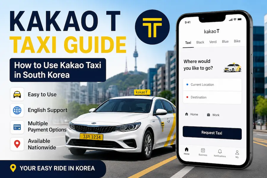 Kakao T Taxi Guide in Korea showing taxi booking app, smartphone screen, and Korean taxi service for foreign travelers