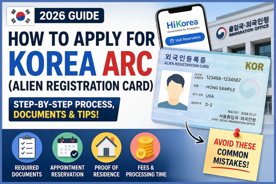 Korea ARC application guide 2026 showing Alien Registration Card requirements, documents, fees and immigration office process