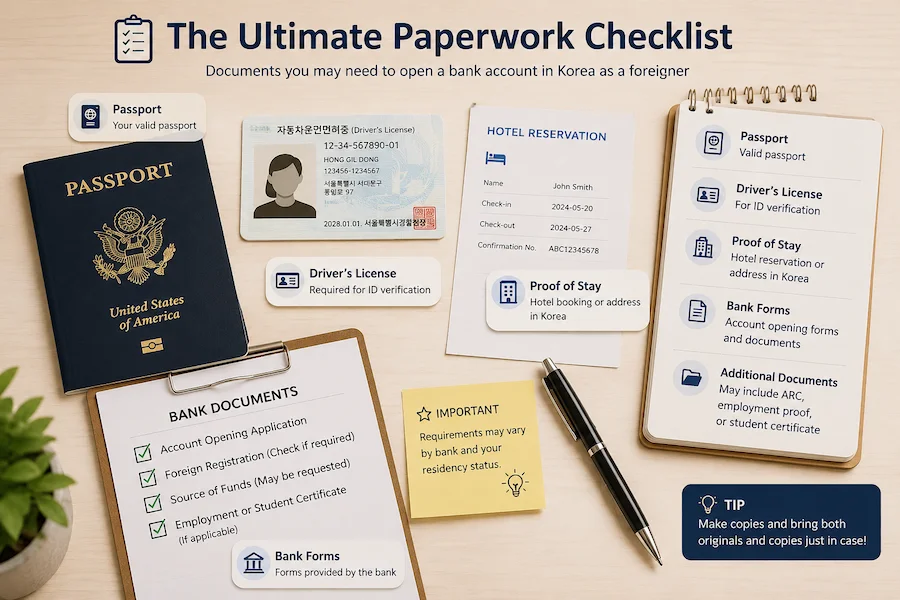 Documents required for opening a Korean bank account as a foreigner