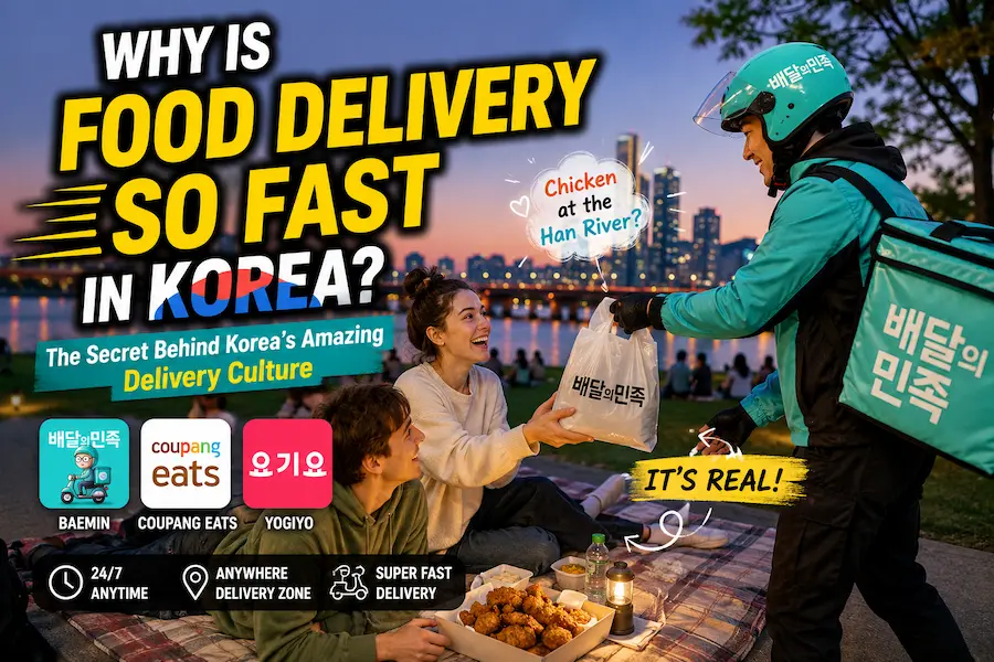 Food delivery rider delivering fried chicken at Han River Park in Seoul, South Korea