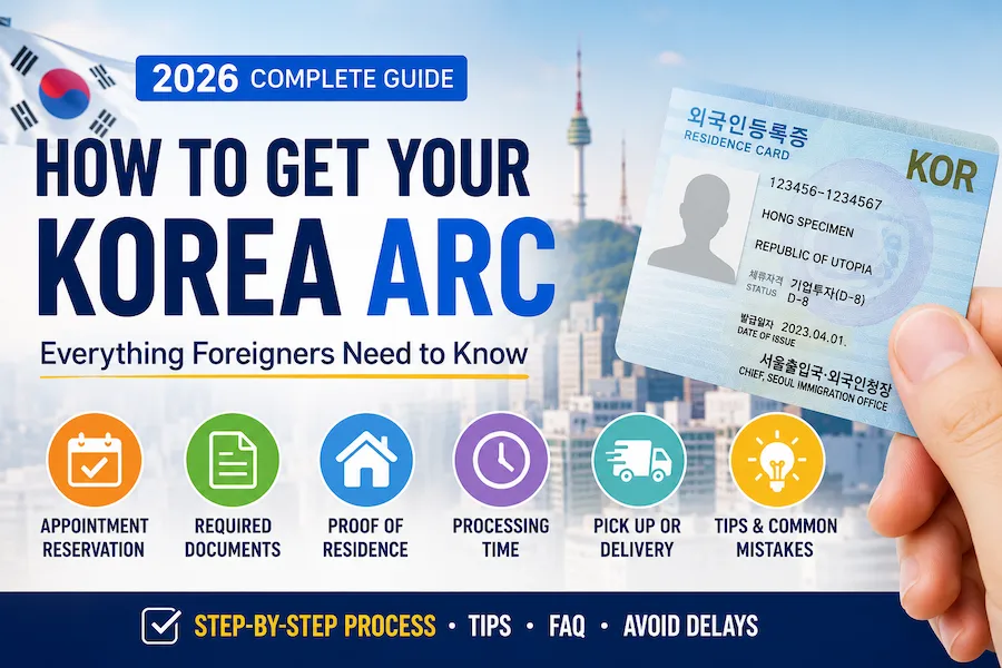 Korea Residence Card (formerly ARC) application guide for foreigners showing required documents, proof of residence, processing time, and application steps in South Korea.
