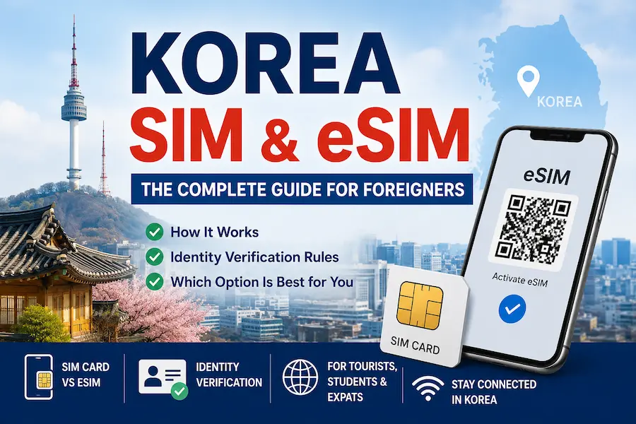 Korea SIM card vs eSIM guide for foreigners showing mobile verification rules and travel connectivity options in South Korea