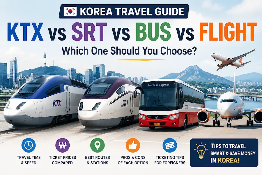 Comparison of KTX, SRT, express bus, and domestic flights in South Korea for foreign travelers