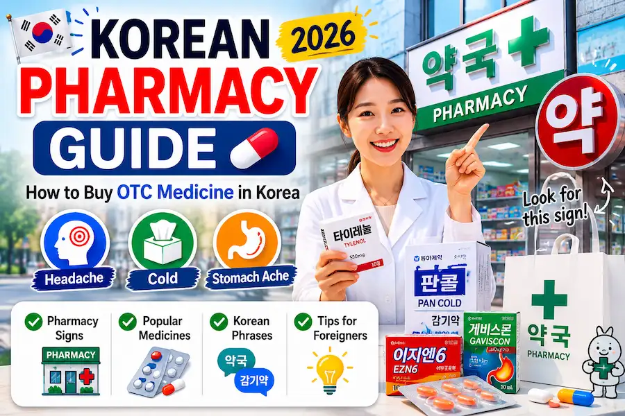 Korean pharmacy guide showing OTC medicine, pharmacy signs, and useful tips for foreigners in Korea