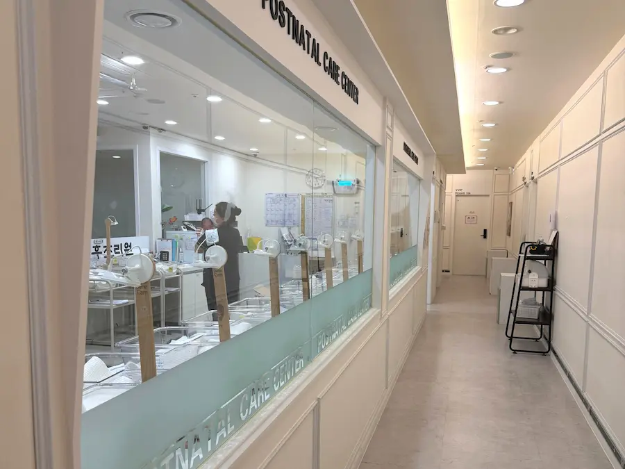 Newborn care room inside a Korean Postpartum Care Center with nurses caring for newborn babies