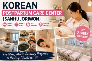 Korean Postpartum Care Center (Sanhujoriwon) experience featuring private rooms, postpartum meals, recovery massage, and newborn care services in South Korea