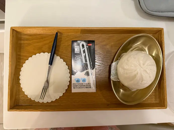 Steamed bun and soy milk snack at a Korean Postpartum Care Center