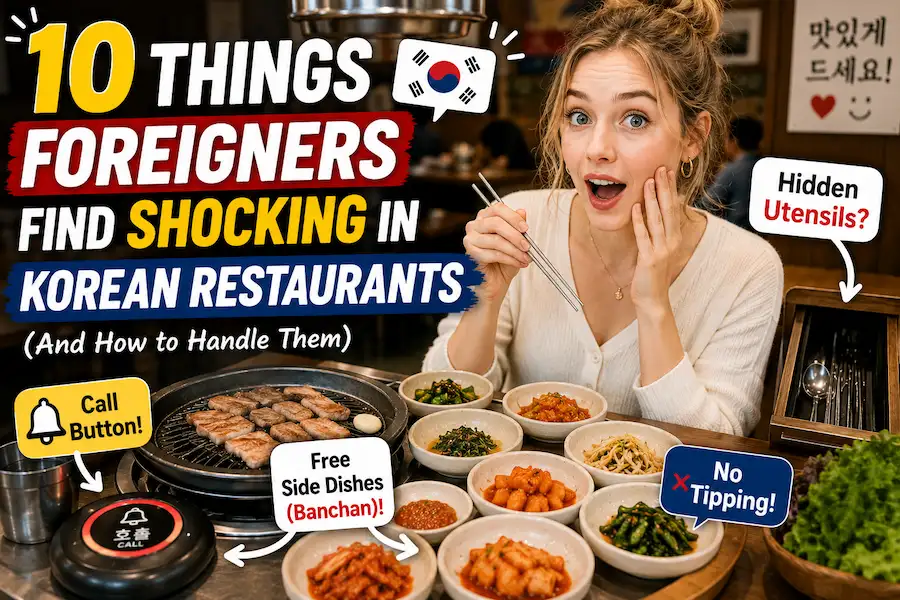 Foreign tourist surprised by Korean restaurant culture including free side dishes, call buttons, and no tipping etiquette