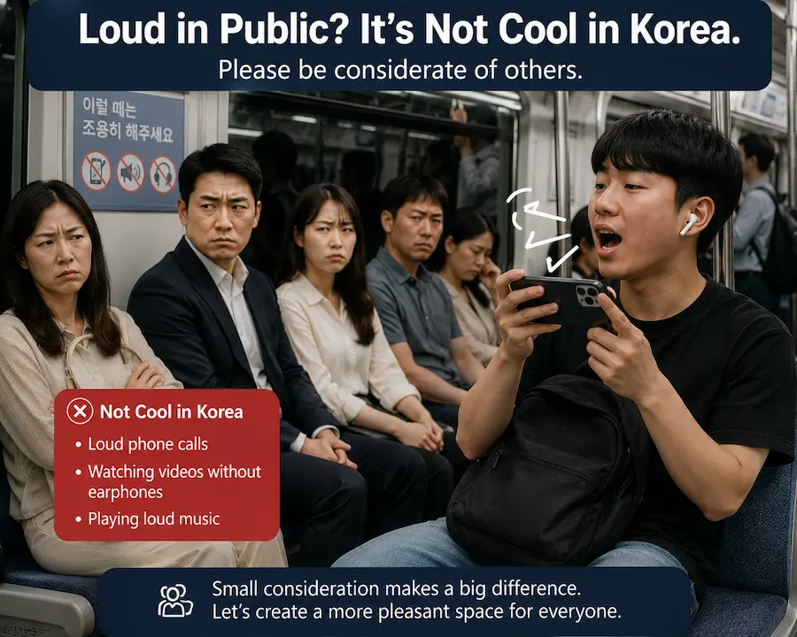 Person speaking loudly and watching videos without earphones on a Korean subway