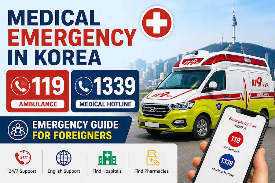 Medical emergency guide in Korea showing 119 ambulance and 1339 medical hotline for foreigners