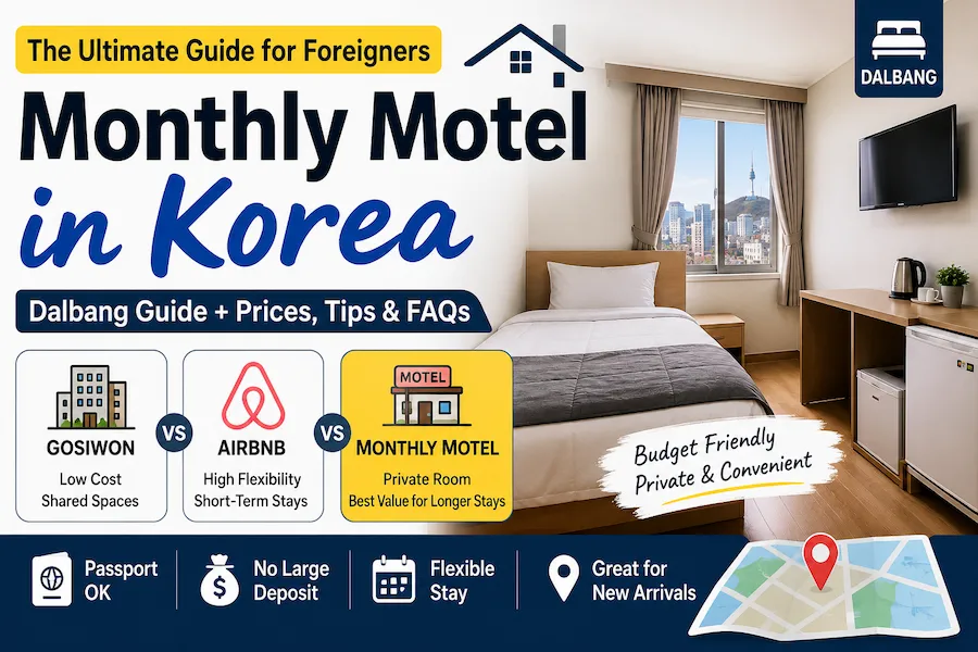 Monthly motel rental in Korea (Dalbang) guide for foreigners showing a typical Korean motel room, no deposit housing option, and comparison with gosiwon and Airbnb accommodations.