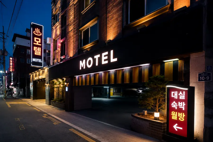 Monthly motel rental (Dalbang) in Korea showing a typical Korean motel exterior available for long-term stays without a deposit.
