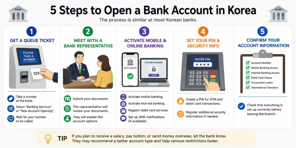 Step-by-step guide showing how foreigners can open a bank account in Korea, including queue ticket, document verification, mobile banking setup, PIN registration, and account confirmation.