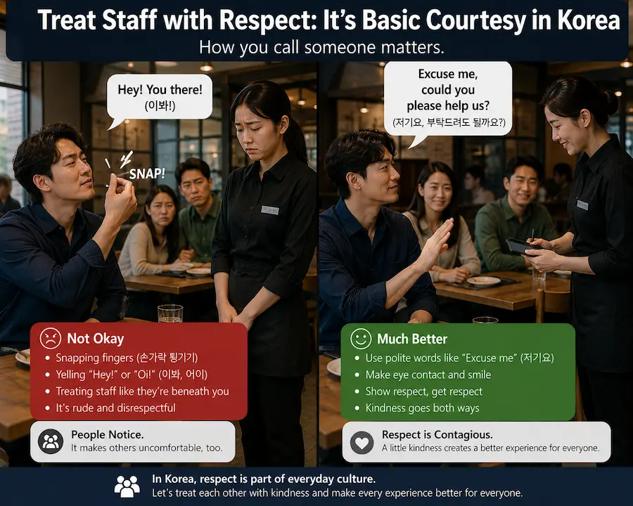 Restaurant customer snapping fingers at staff versus politely calling for assistance in Korea