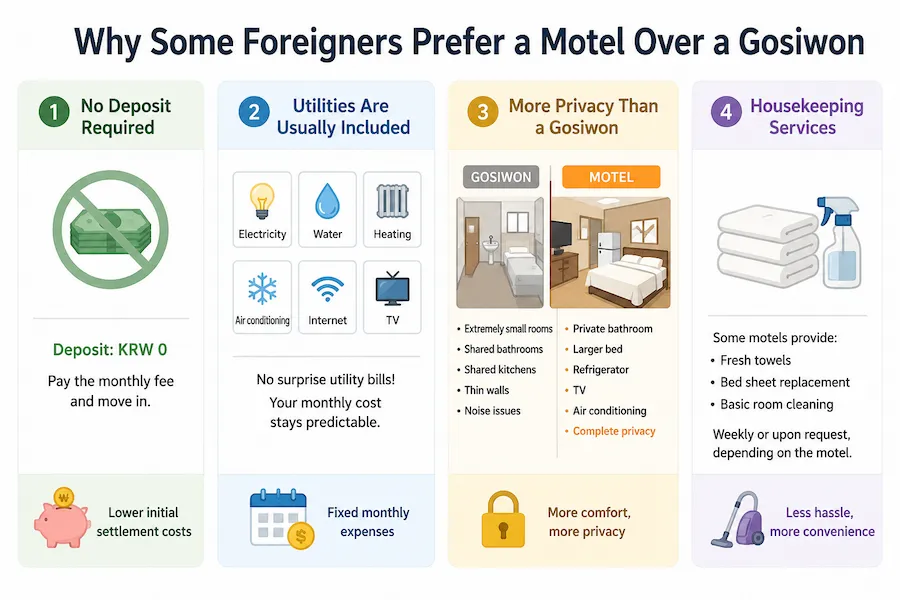 Infographic showing why some foreigners prefer monthly motel rentals in Korea over gosiwons, including no deposit, included utilities, better privacy, and housekeeping services.