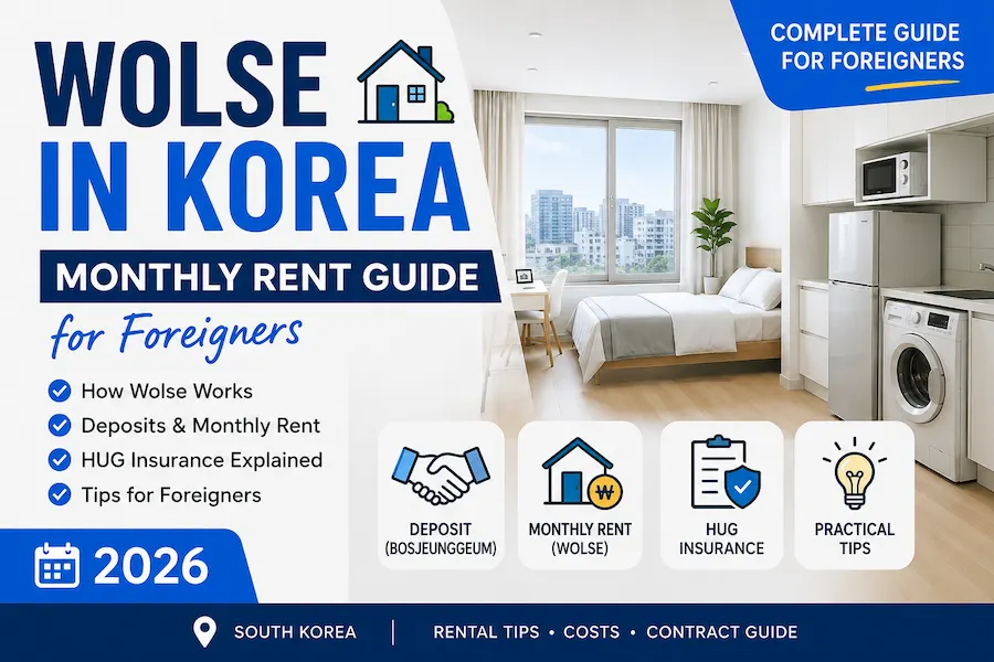 Wolse in Korea monthly rent guide for foreigners 2026 showing deposits, monthly rent, HUG insurance, and Korean apartment rental tips