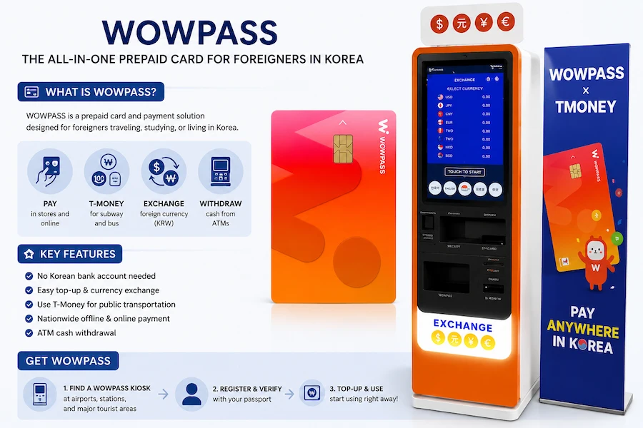 WOWPASS prepaid travel card and exchange kiosk for foreign visitors in South Korea