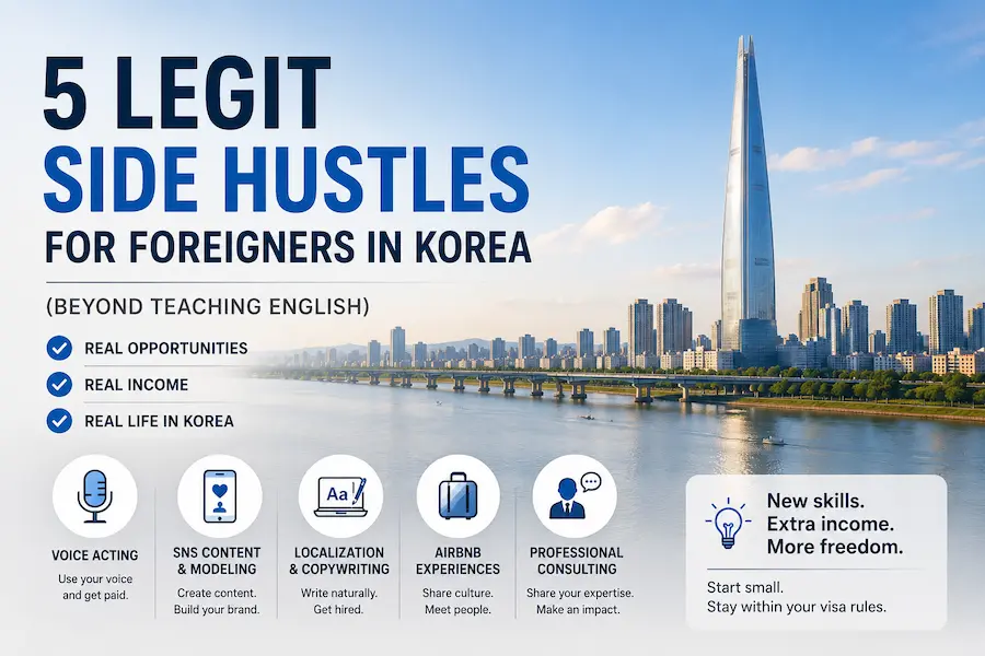 5 legit side hustles for foreigners living in South Korea including voice acting, content creation, localization, Airbnb experiences, and consulting.