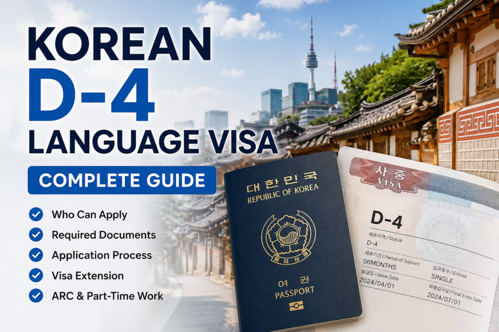 Korean D-4 Language Visa guide showing eligibility, required documents, application process, visa extension, ARC registration, and part-time work in South Korea.