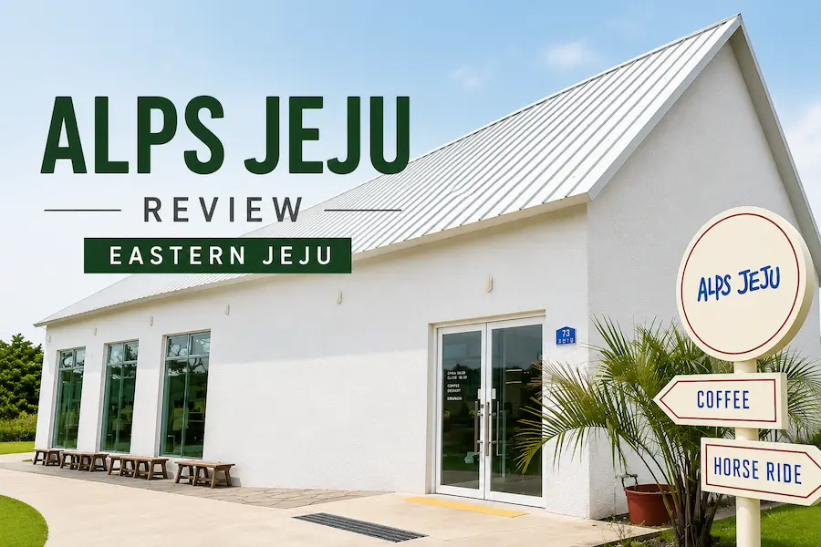 Alps Jeju Review thumbnail featuring the modern white café exterior in eastern Jeju
