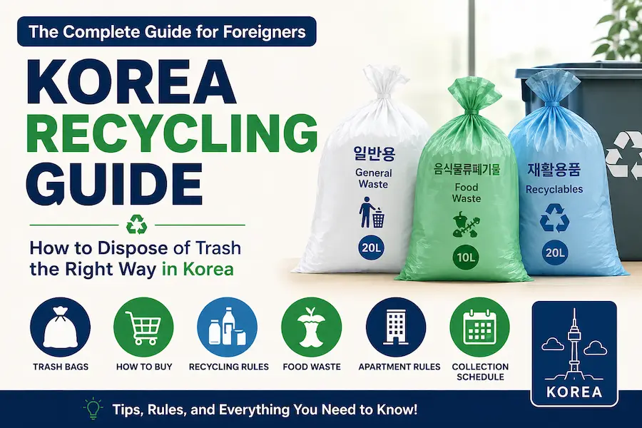 Korea Recycling Guide for foreigners showing official Korean trash bags for general waste, food waste, and recyclables.