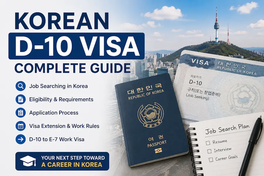 Korean D-10 Visa complete guide infographic covering job searching, eligibility requirements, application process, visa extension, work rules, and changing to an E-7 Work Visa in South Korea.