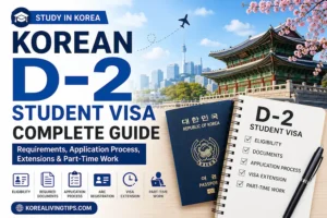 Korean D-2 Student Visa complete guide infographic covering eligibility, required documents, application process, ARC registration, visa extension, and part-time work in South Korea.