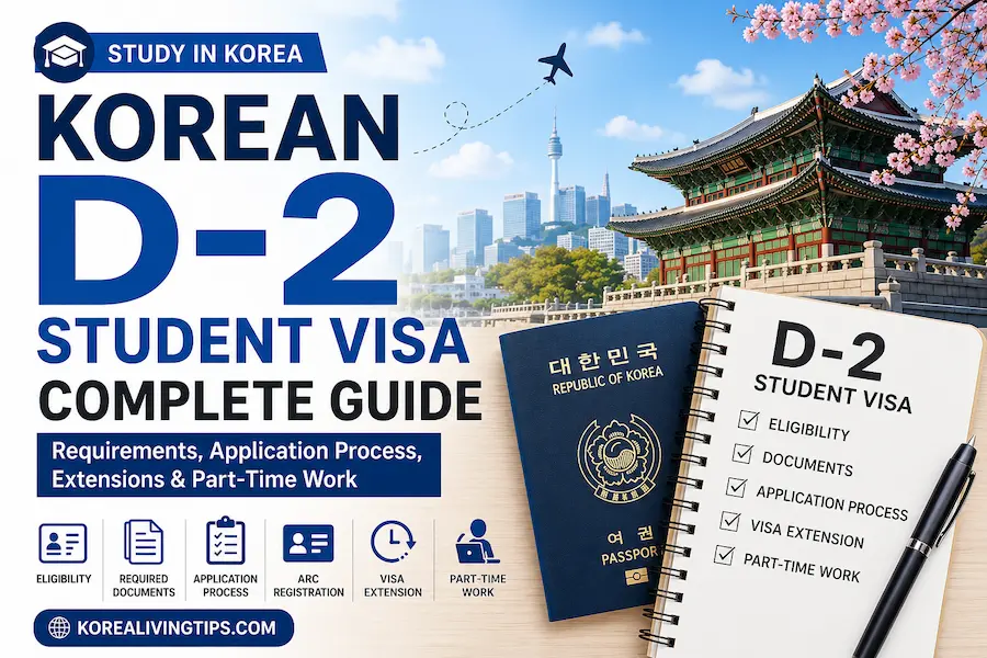 Korean D-2 Student Visa complete guide infographic covering eligibility, required documents, application process, ARC registration, visa extension, and part-time work in South Korea.