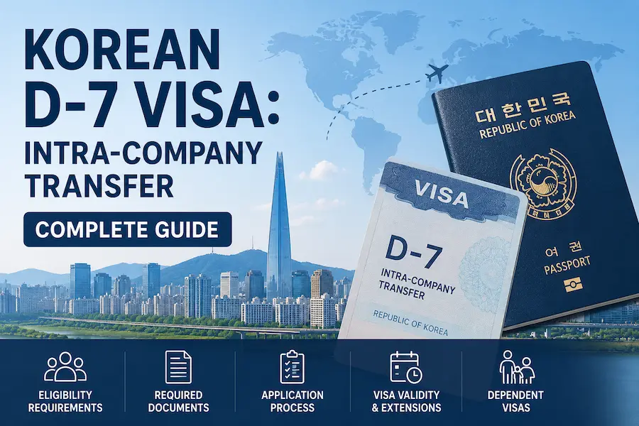 Korean D-7 Visa complete guide infographic covering intra-company transfers, eligibility requirements, required documents, application process, visa validity, extensions, and dependent visas in South Korea.