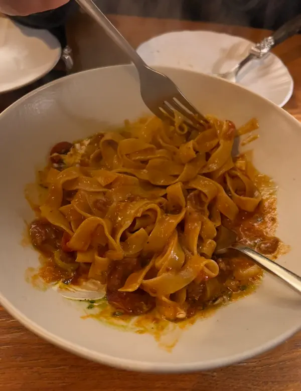 Pepperoni Rigatoni pasta mixed and ready to eat at Osteria Orzo in Seoul