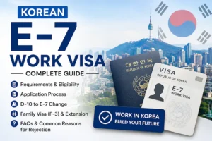 Korean E-7 Work Visa Complete Guide 2026 thumbnail showing eligibility, application process, D-10 to E-7 change, family visa, and visa extension.