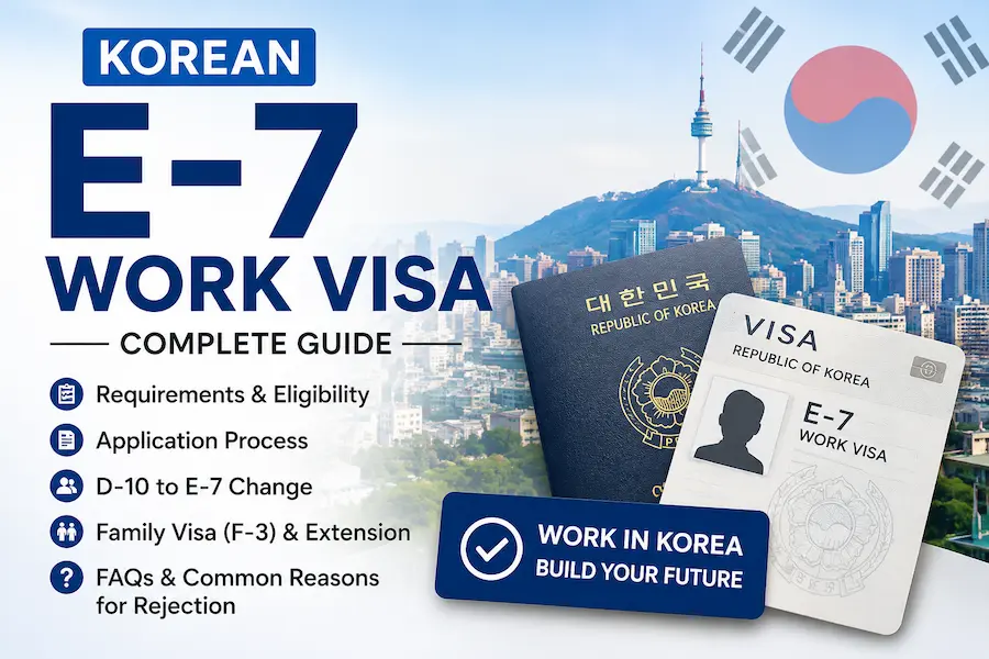 Korean E-7 Work Visa Complete Guide 2026 thumbnail showing eligibility, application process, D-10 to E-7 change, family visa, and visa extension.
